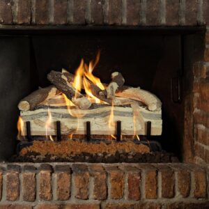 Stock Image - Grand Canyon Gas Logs - Blue Pine Split Grand Canyon Gas Logs - Dunrite Chimney and Stove