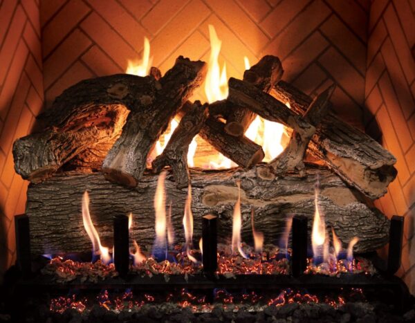 Stock Image - Grand Canyon Gas Logs - Arizona Weathered Oak Jumbo Series Grand Canyon Gas Logs - Dunrite Chimney and Stove