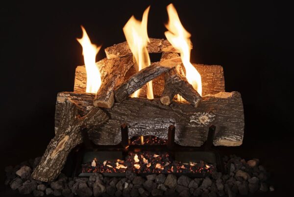 Stock Image - Grand Canyon Gas Logs - Weathered Oak Grand Canyon Gas Logs - Dunrite Chimney and Stove